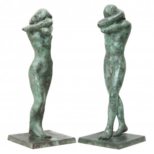 Adam-and-Eve-in-shame-on-seperate-bases-with-green-patina